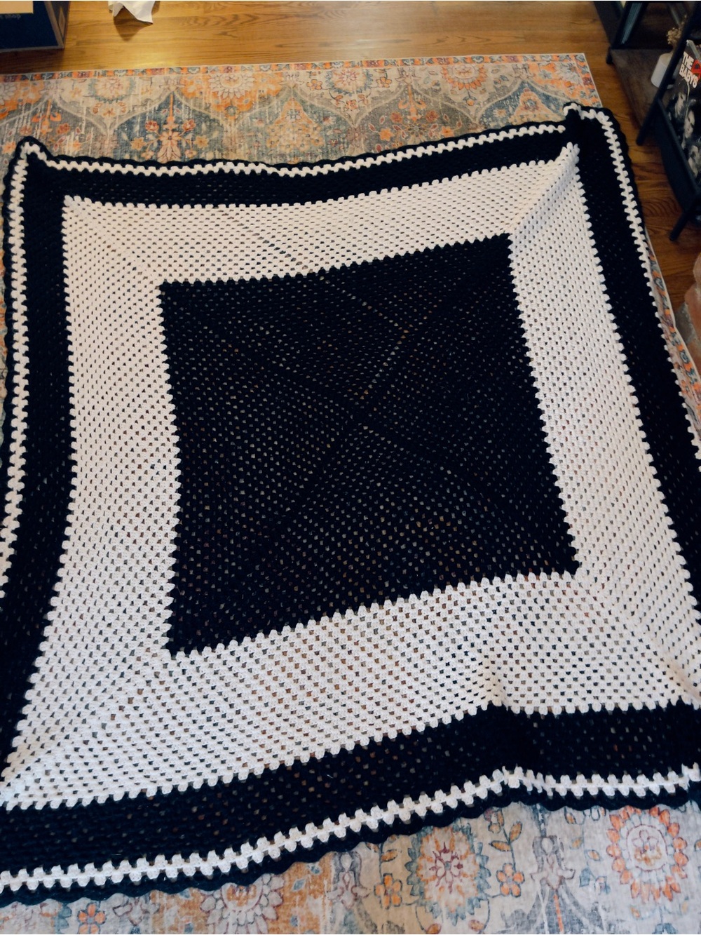 Vintage Handmade Black and White Afghan Large 80L x 70W